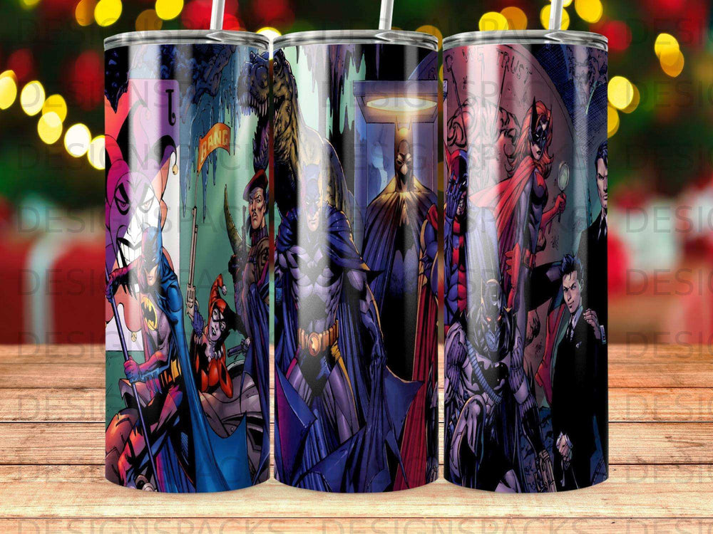 Comic book characters, including Batman and Joker, on a cylindrical tumbler.