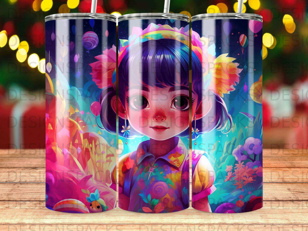 Cartoon girl with flower crown and colorful outfit on a patterned background.