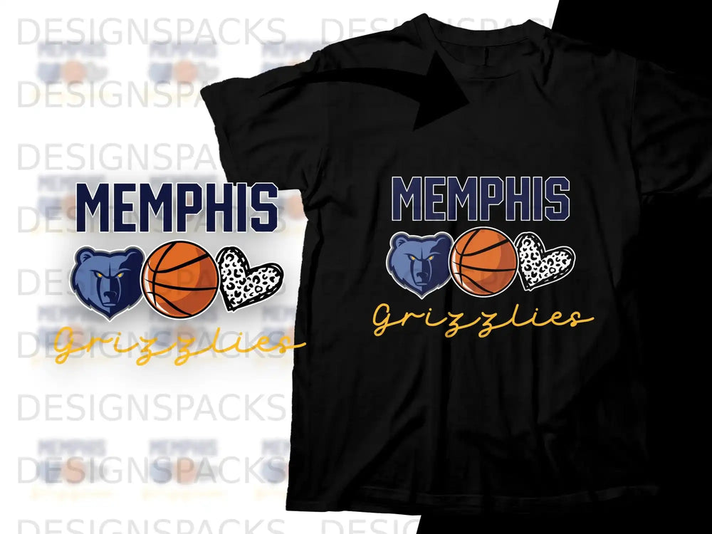 Memphis Grizzlies logo with basketballs, bears, and leopard print hearts.
