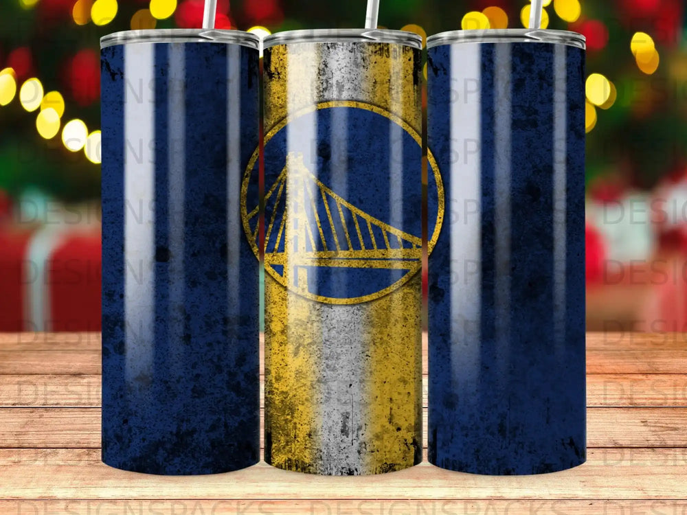 Golden State Warriors logo on textured blue and gold tumbler.