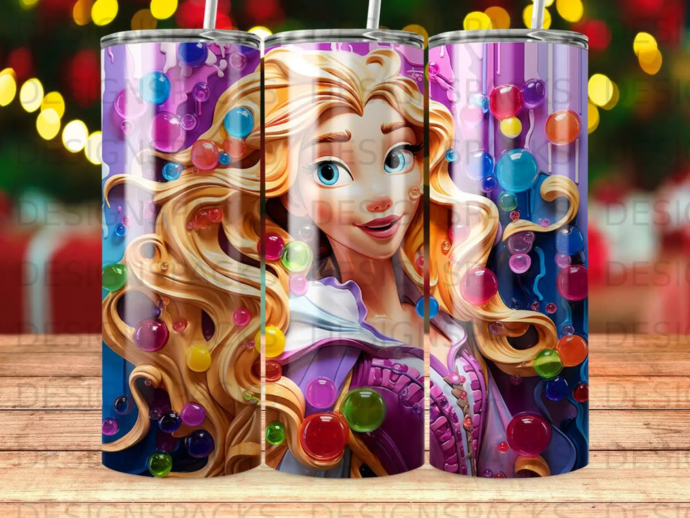 Rapunzel with colorful bubbles and a festive, blurred background.