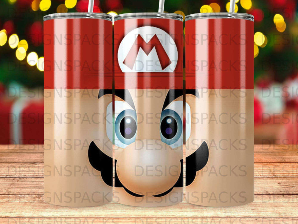 Mario character faces on a red and white patterned tumbler.