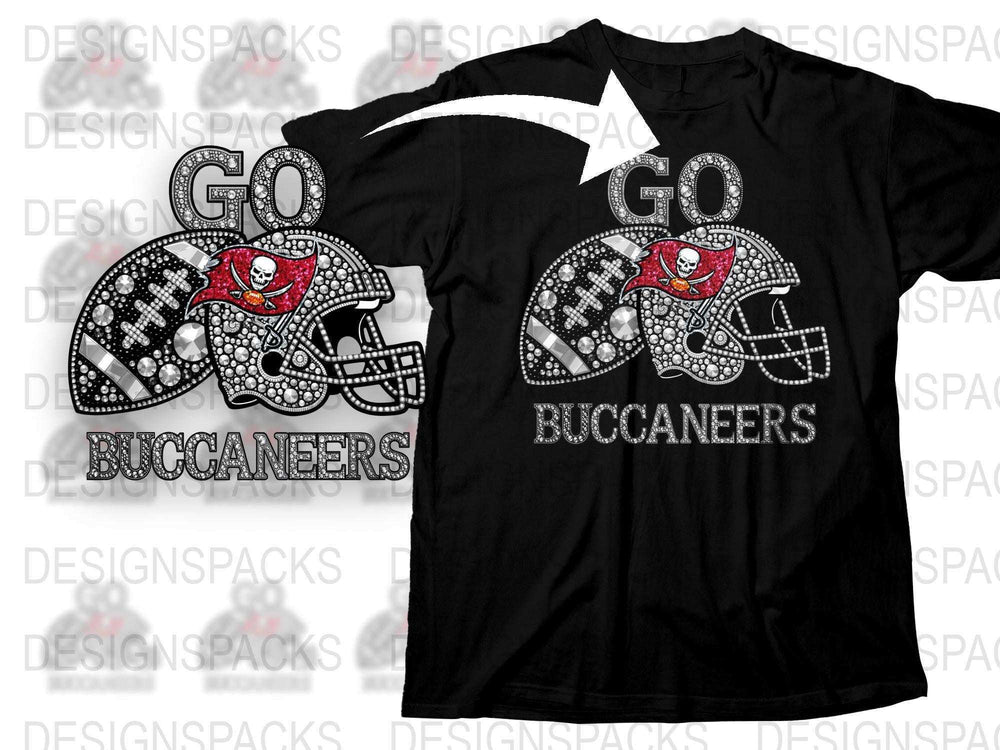 Tampa Bay Buccaneers Inspired Rhinestone Football T-Shirt, Fan Gear Black Tee, Sparkly Sports Apparel, Gift for Football Fans