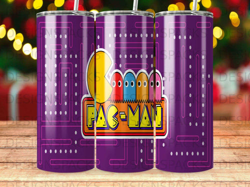 Pac-Man pattern on a purple tumbler with stylized ghost characters and dots.