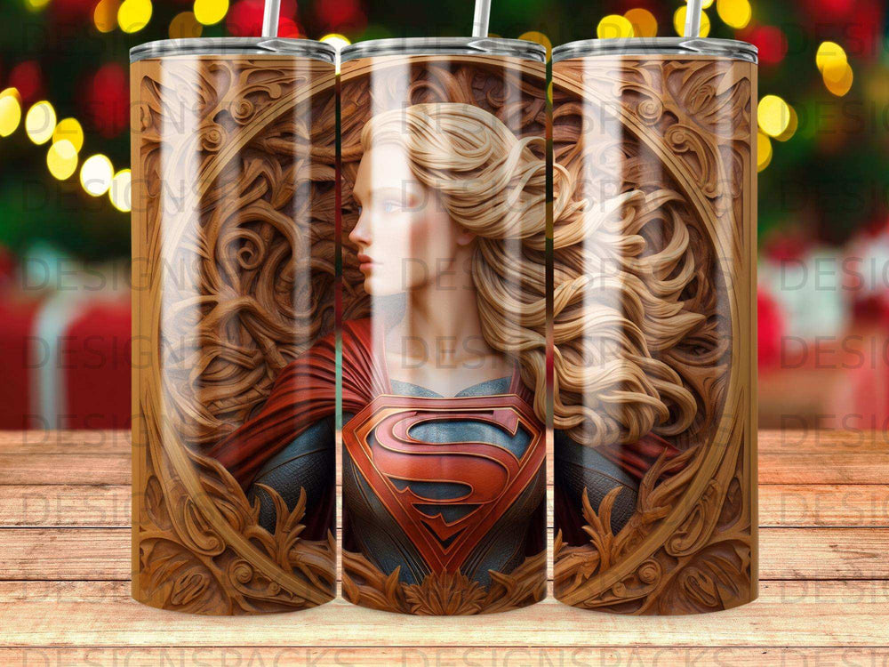 Superman logo and portrait on textured wood grain tumbler.