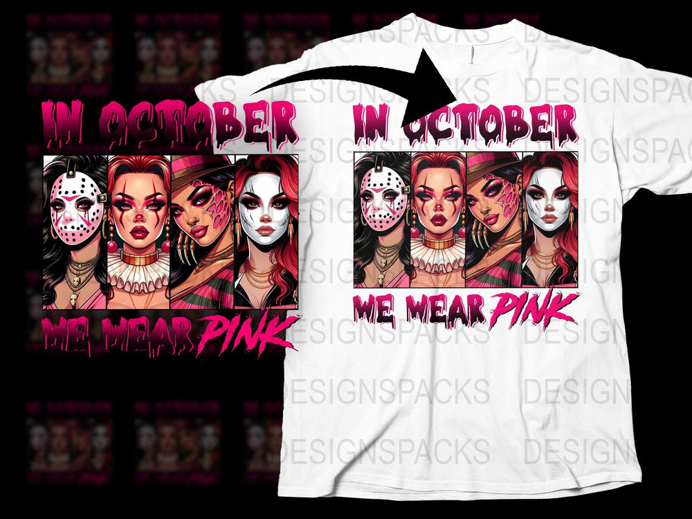 Horror Halloween T-Shirt 'In October We Wear Pink' Horror Movie Characters Unisex Graphic Tee Pop Culture Apparel