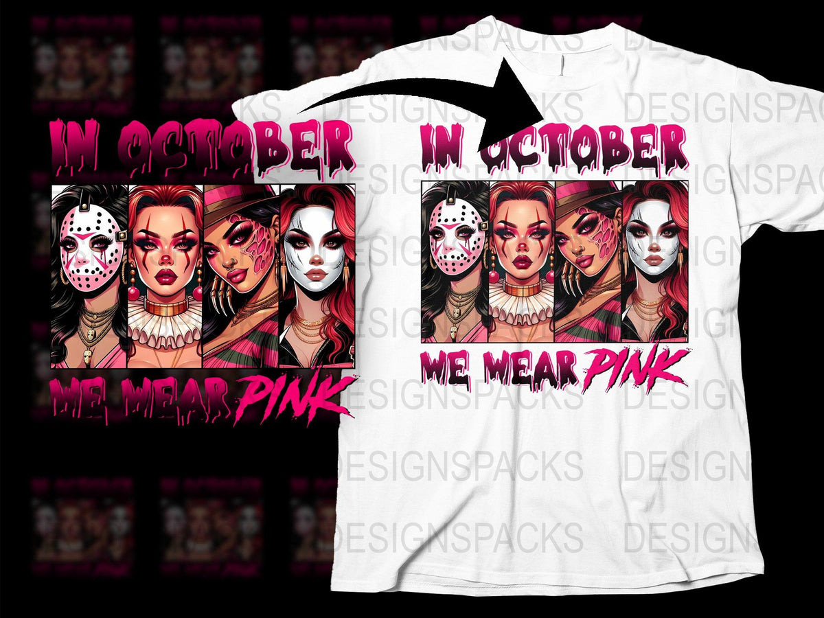 Horror Halloween T-Shirt 'In October We Wear Pink' Horror Movie Characters Unisex Graphic Tee Pop Culture Apparel