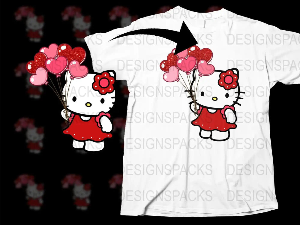 Cute Hello Kitty Balloon T-Shirt, Red Dress, Graphic Tee for Kids, Unique Gift Idea