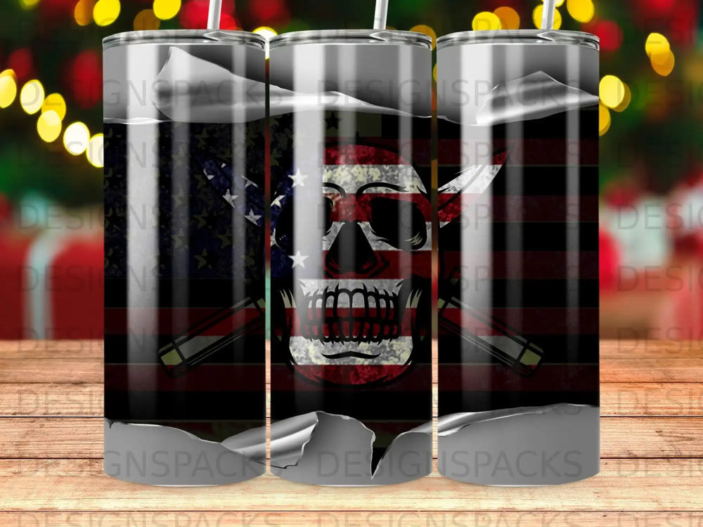 American flag skull with crossed rifles on a tumbler.