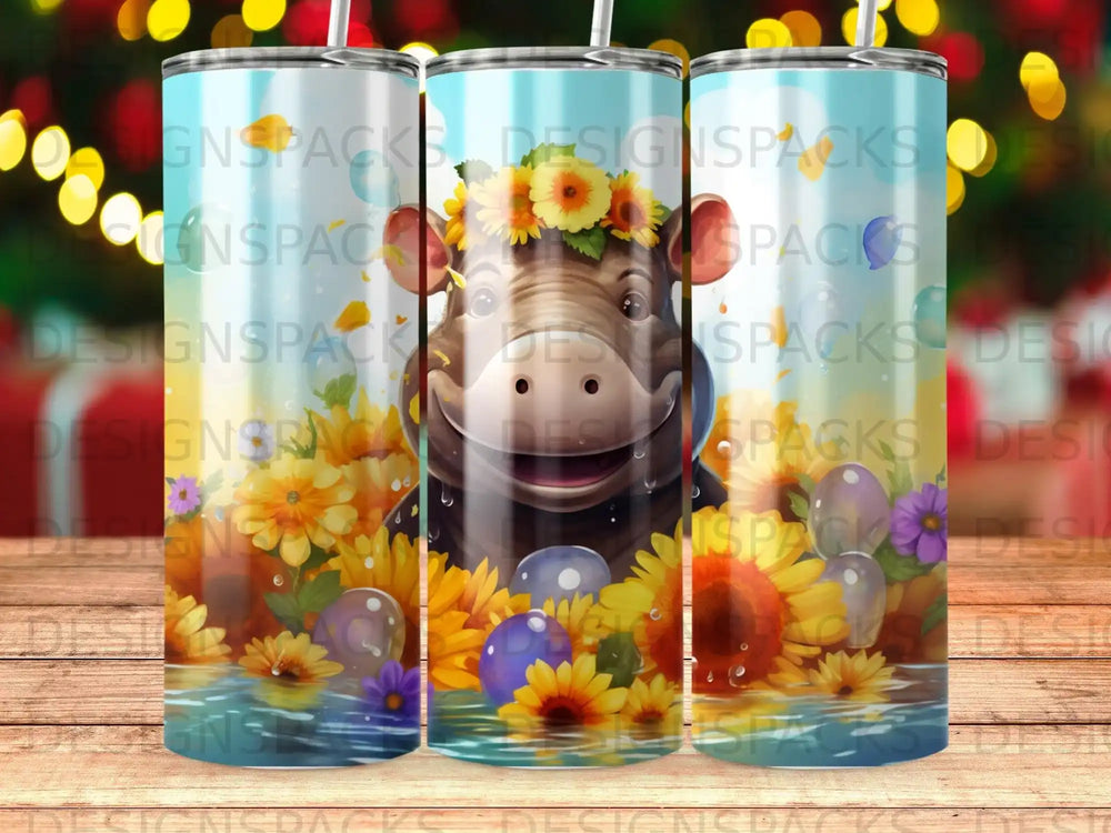 Cartoon cow with flowers and balloons in water.