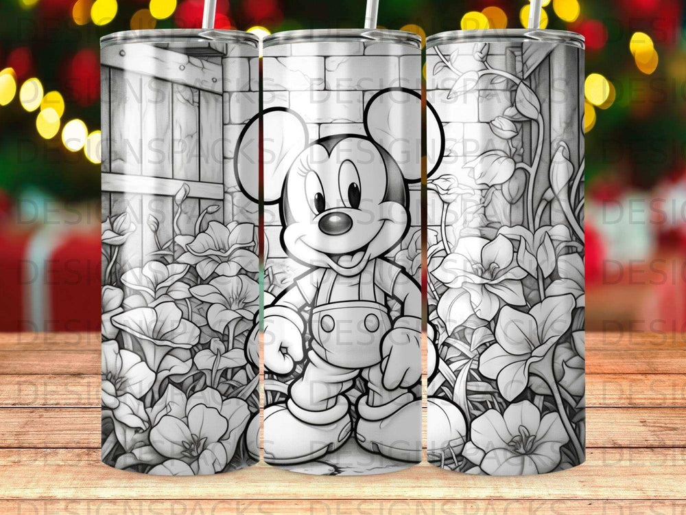 Mickey Mouse in a garden with large flowers, black and white line drawing.