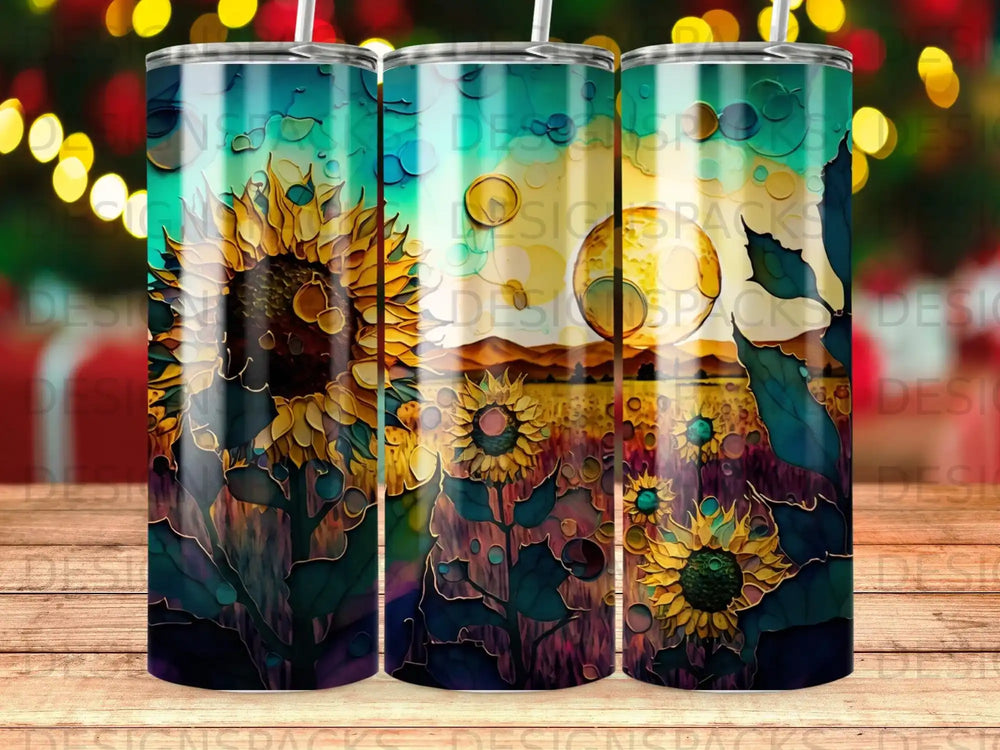 Sunflower field design on a skinny tumbler with bokeh lights in background.