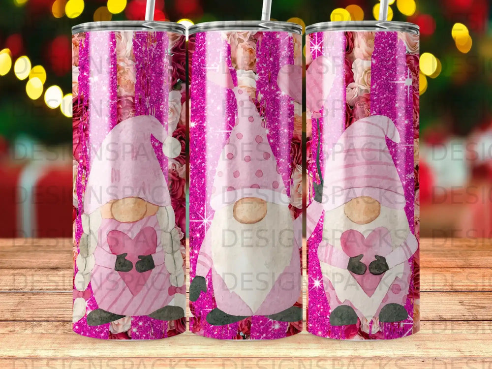 Pink gnome with hearts on a glitter background, vertical pattern.