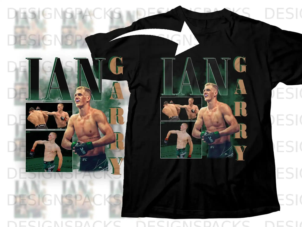 Black t-shirt with Ian Garry UFC fighter graphic and "Iain Garry" text.