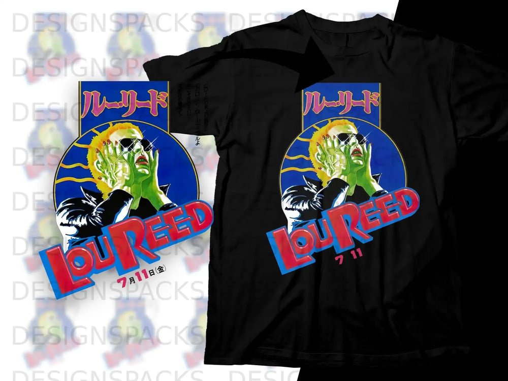 Black t-shirt with Lou Reed artwork featuring a distressed face and Japanese text.