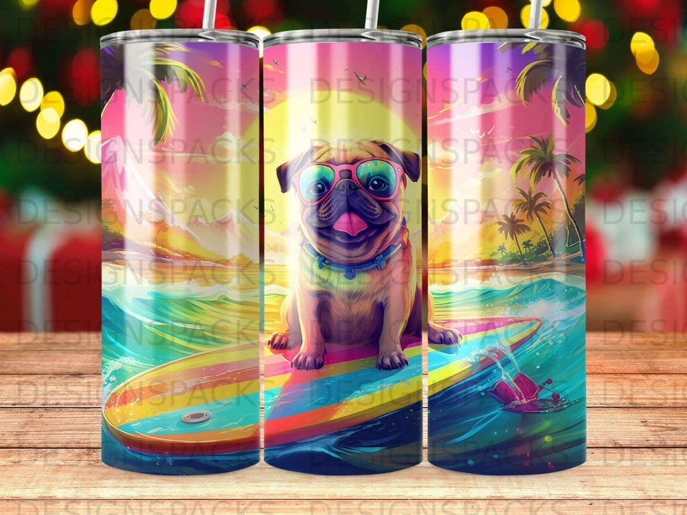 Pug wearing sunglasses on a surfboard with a beach sunset background.