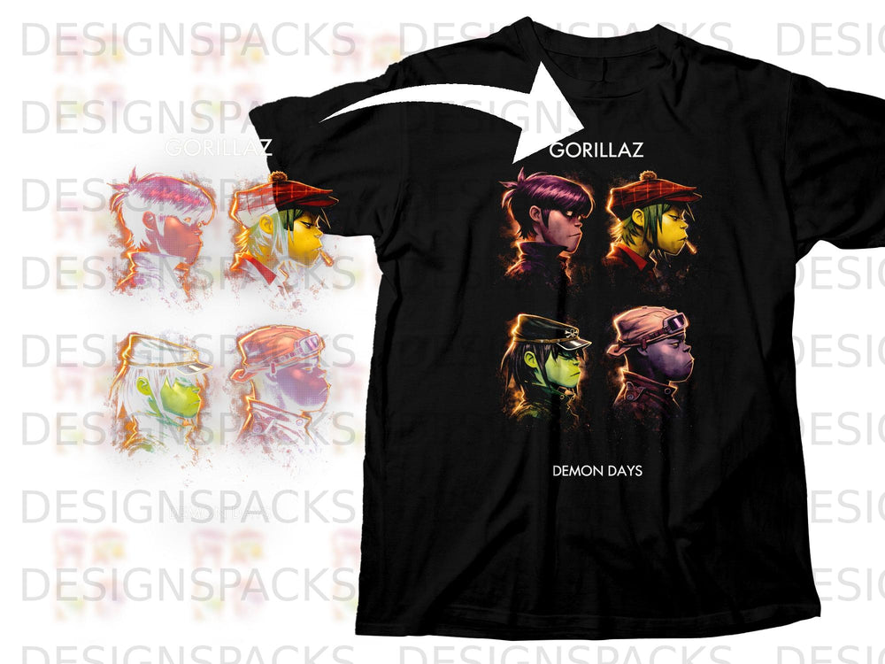 Black t-shirt with Gorillaz album art "Demon Days" featuring stylized character portraits.