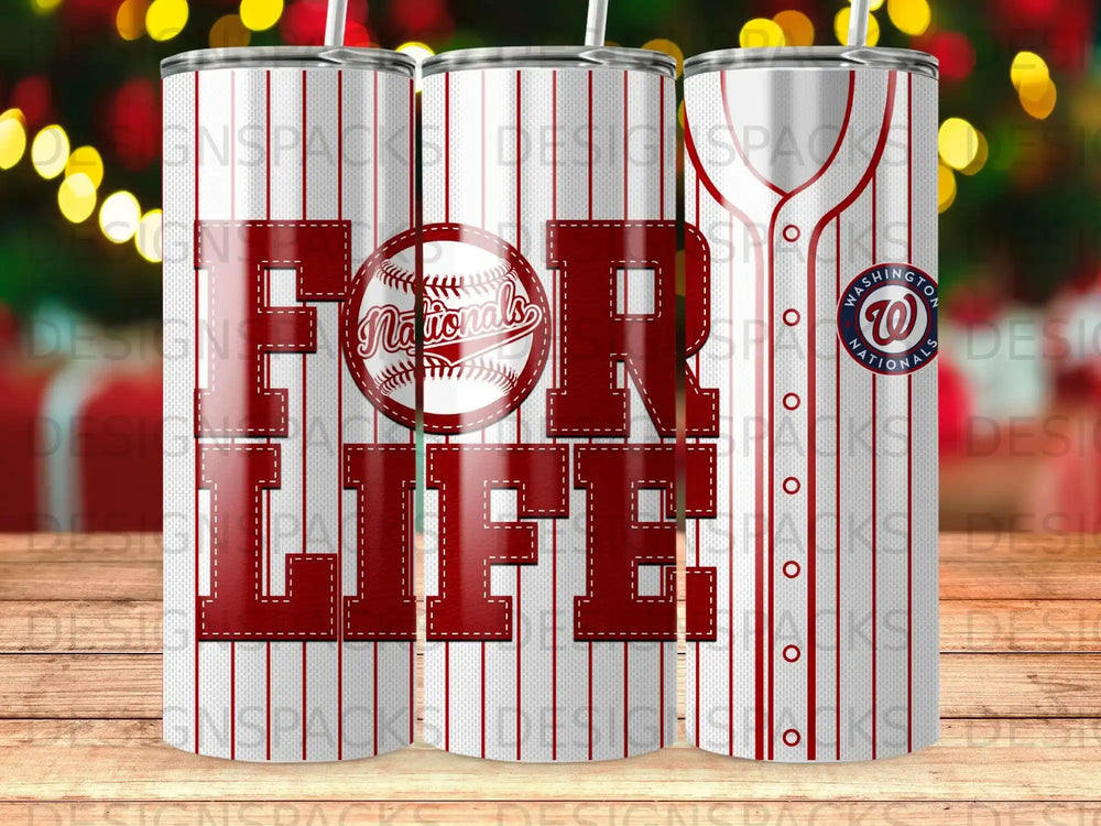 Washington Nationals "FOR LIFE" tumbler with baseball stitching and logo.