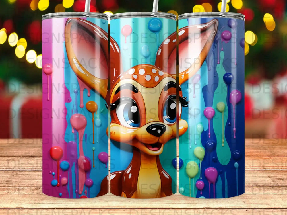 Cute cartoon deer with large blue eyes and colorful paint splatters.