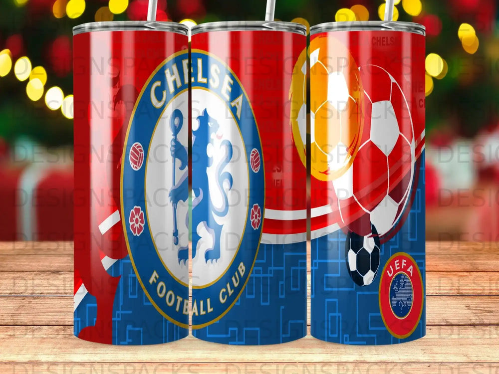 Chelsea Football Club logo and crest on a blue background with soccer balls.