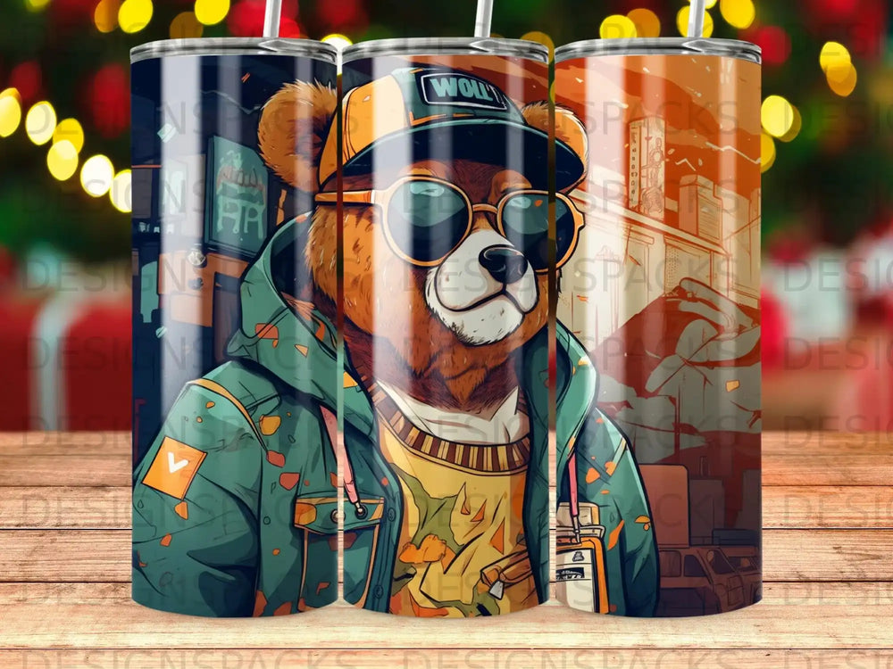 Bear wearing sunglasses and a hat, with street art background.