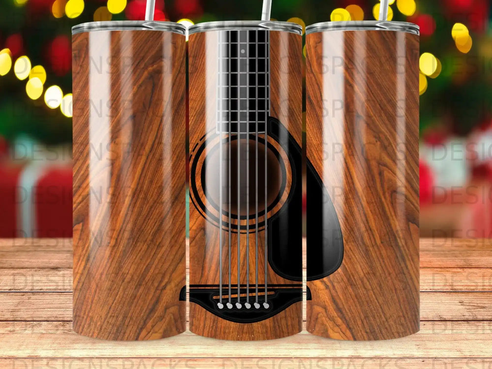 Acoustic guitar on a wood grain background with festive bokeh lights.