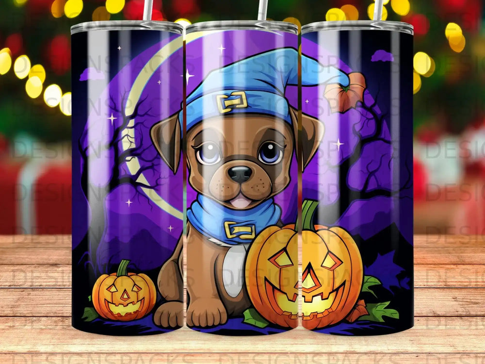 Cartoon puppy in a blue hat and scarf with pumpkins and a night sky.
