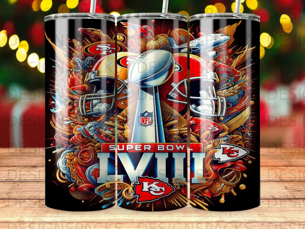 Super Bowl LVIII trophy with NFL team helmets and logos.