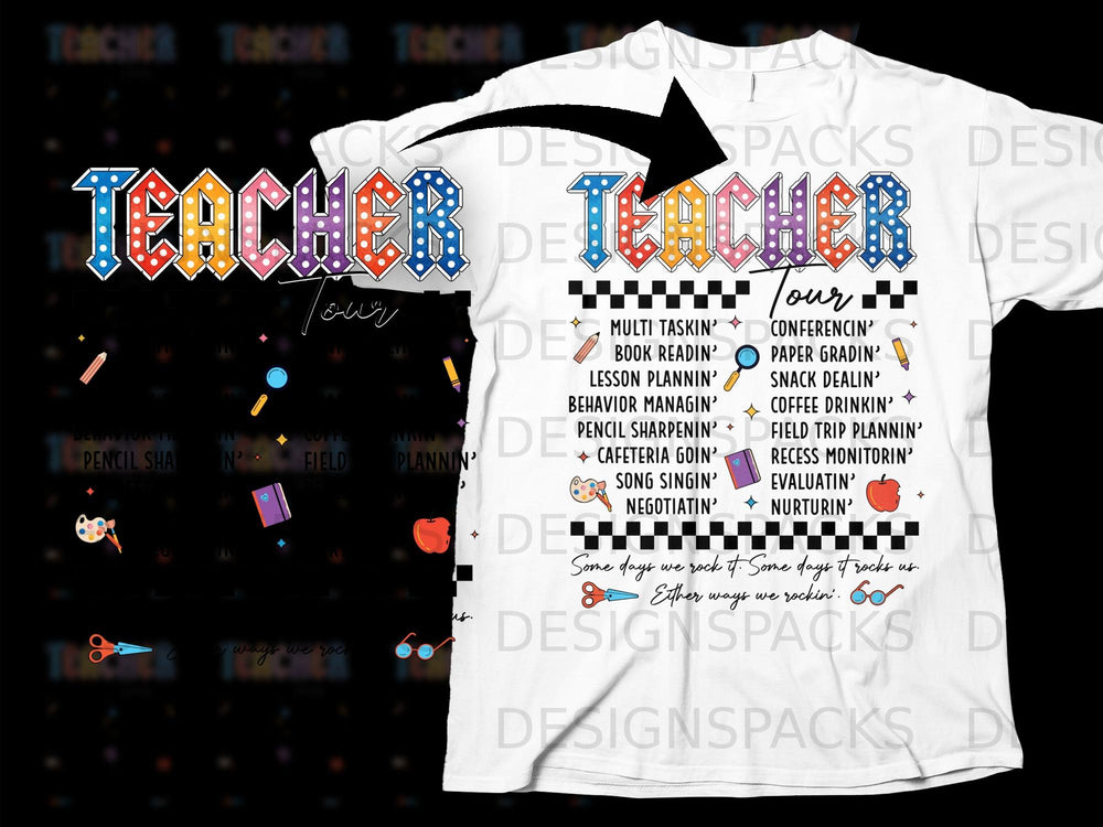 Teacher Tour shirt with colorful alphabet letters and school-related tasks.