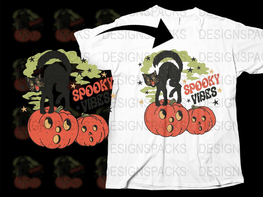 Spooky Vibes Halloween T-Shirt, Black Cat Pumpkin Graphic Tee, Fall Season Casual Apparel