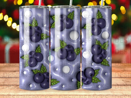 Blueberries and white dots on a purple textured background, wrapping a cylindrical tumbler.