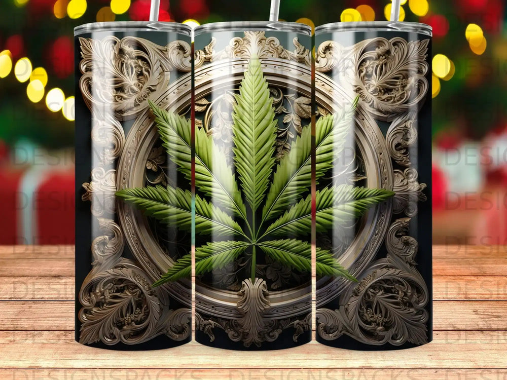 Intricate ornate frame with a green cannabis leaf at its center.