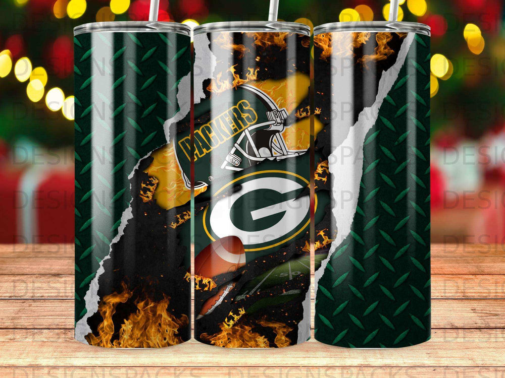 Green Bay Packers football logo and helmet on a ripped, fiery background.