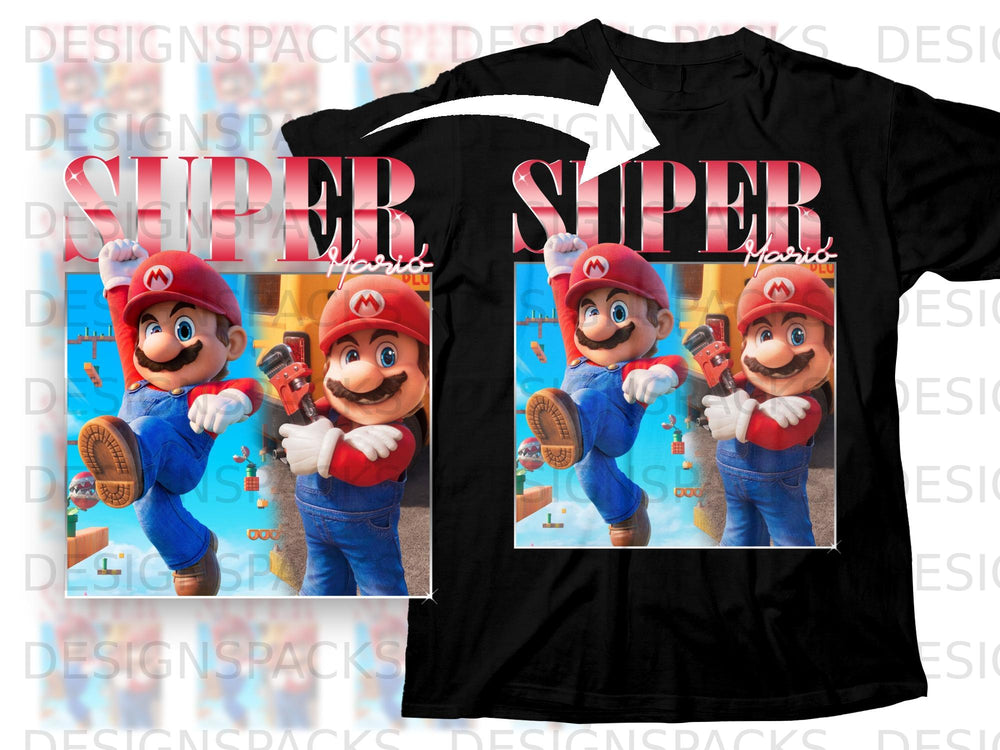 Super Mario graphic on black t-shirt with title and character art.