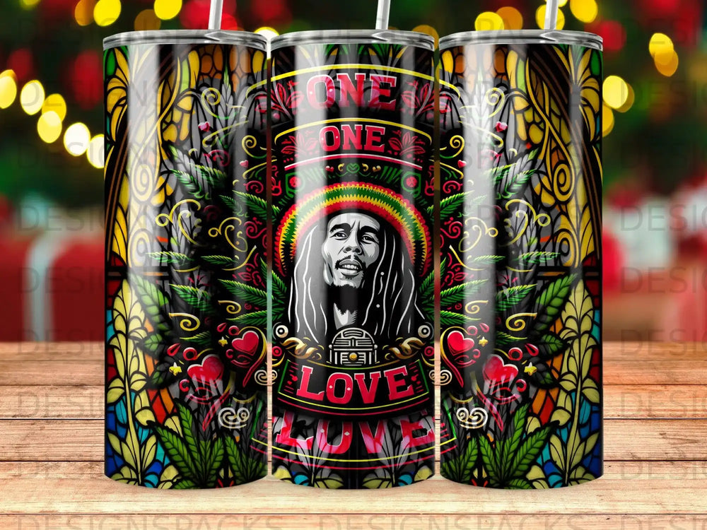 Bob Marley "One Love" tumbler with stained glass and floral designs.