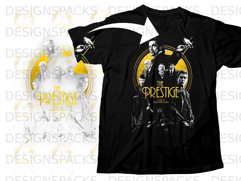 The Prestige movie poster design on a black t-shirt.