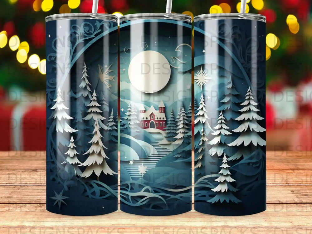 Winter scene with snow-covered trees, a red-roofed house, and a full moon.
