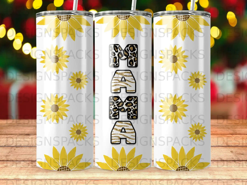 Three tumblers with "Mama" in glittery leopard print letters and sunflowers.