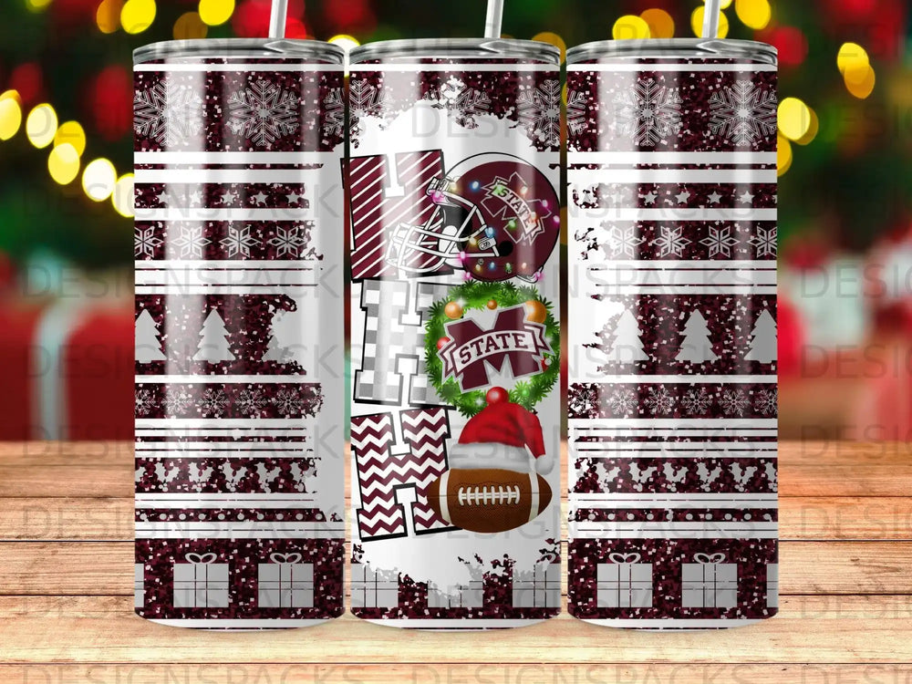 Glittery tumblers with "HO HO HO" text and football-themed holiday designs.