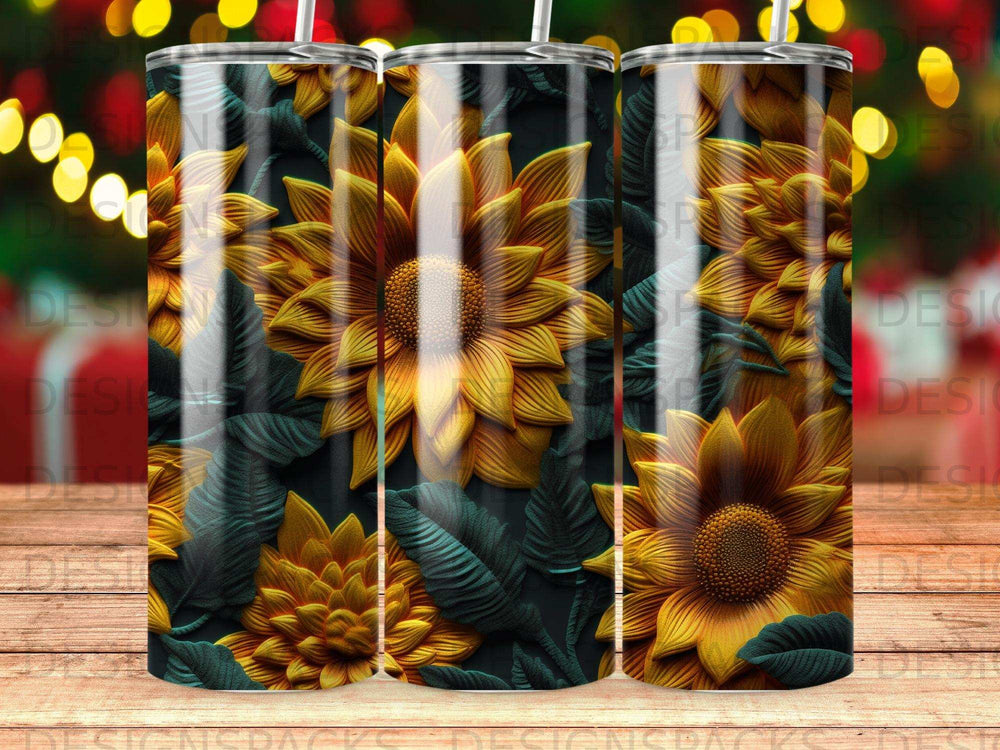 Three sun-shaped flowers with textured petals and dark green leaves on a tumbler.