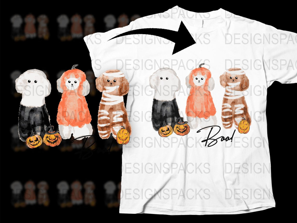Cute Dog Halloween T-Shirt, Watercolor Puppies in Costumes, Fall Fashion, Pumpkin Design Tee for Kids and Adults