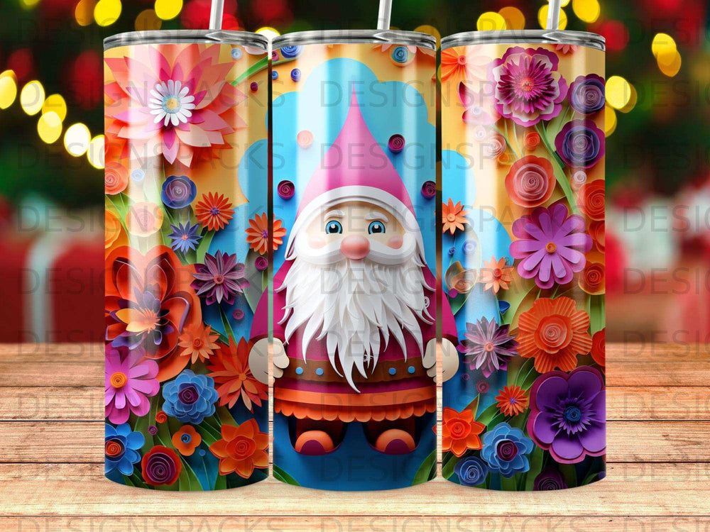 Gnome with colorful flowers and geometric patterns on a tumbler.