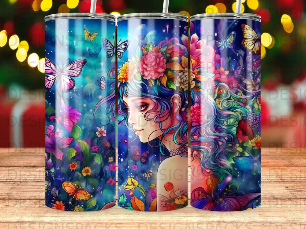 Woman with colorful hair and butterflies, floral background, vibrant watercolor style.