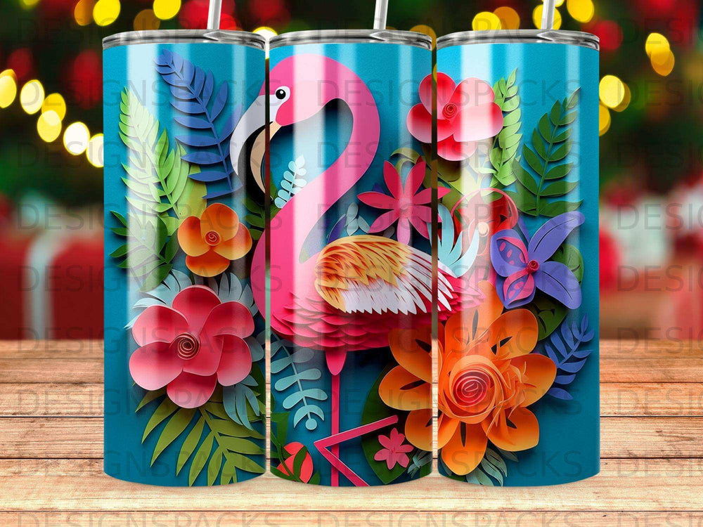 Pink flamingo and colorful paper flowers on teal background.