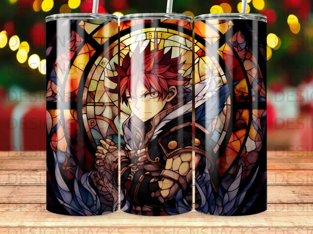 Anime character with red spiky hair against a stained-glass background.
