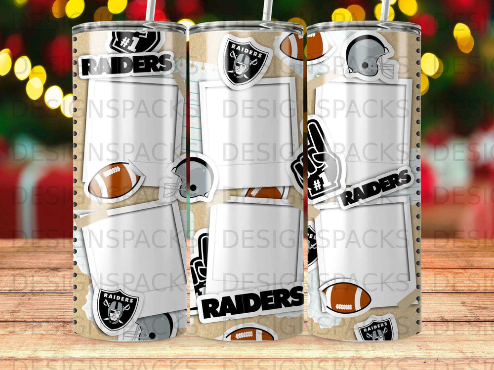 Las Vegas Raiders themed tumbler with football graphics and photo frames.