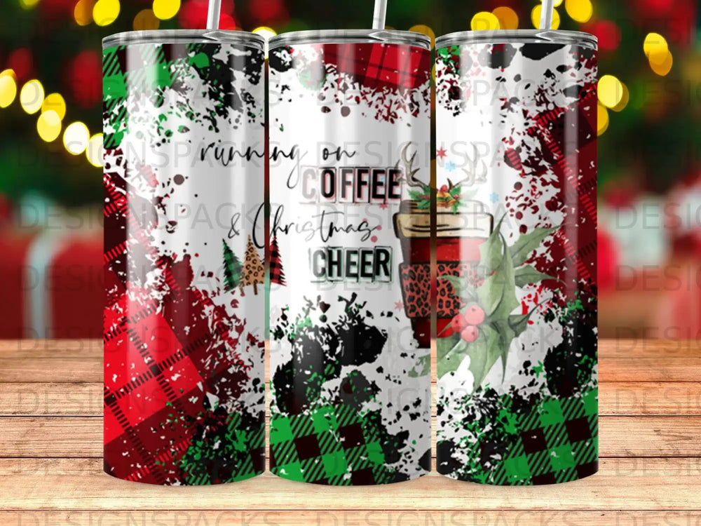 Christmas coffee tumbler with plaid, leopard print, and holly designs.