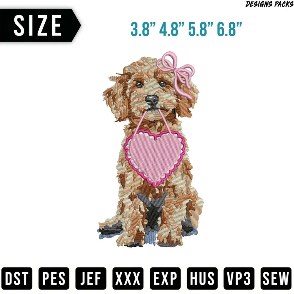 Embroidery design of a fluffy dog holding a pink heart, with size and file format options.