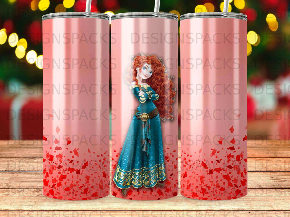 Merida from Brave in blue dress, surrounded by red confetti on tumblers.