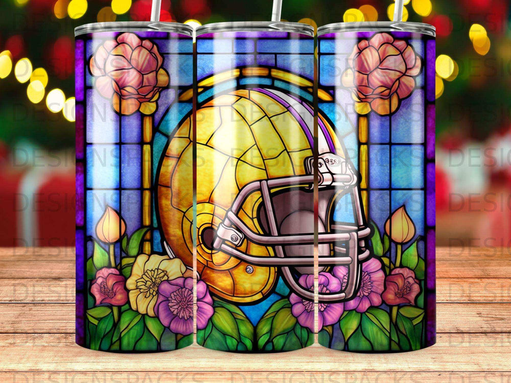 Stained glass football helmet surrounded by colorful flowers and leaves.
